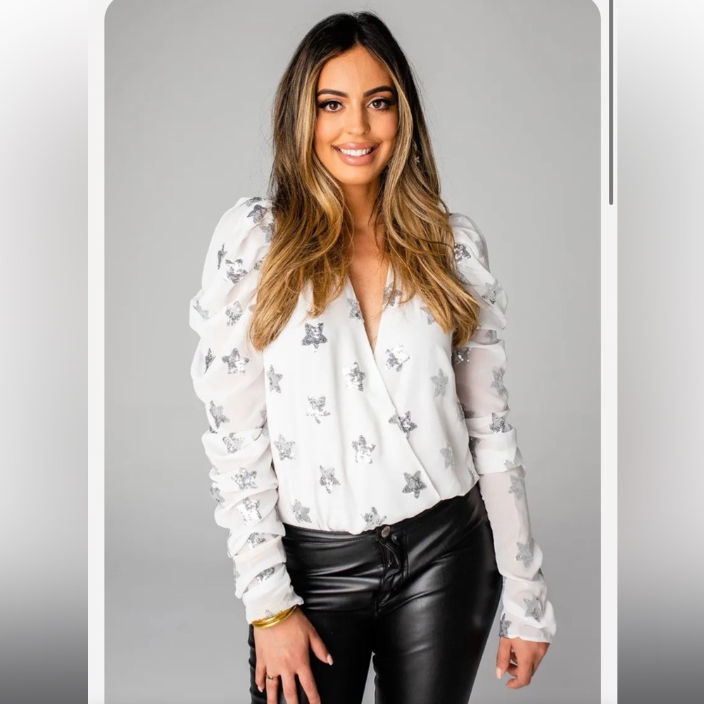 BuddyLove White Silver Stars Sequined Joan Surplice Neckline Bodysuit N263 - Picture 2 of 11